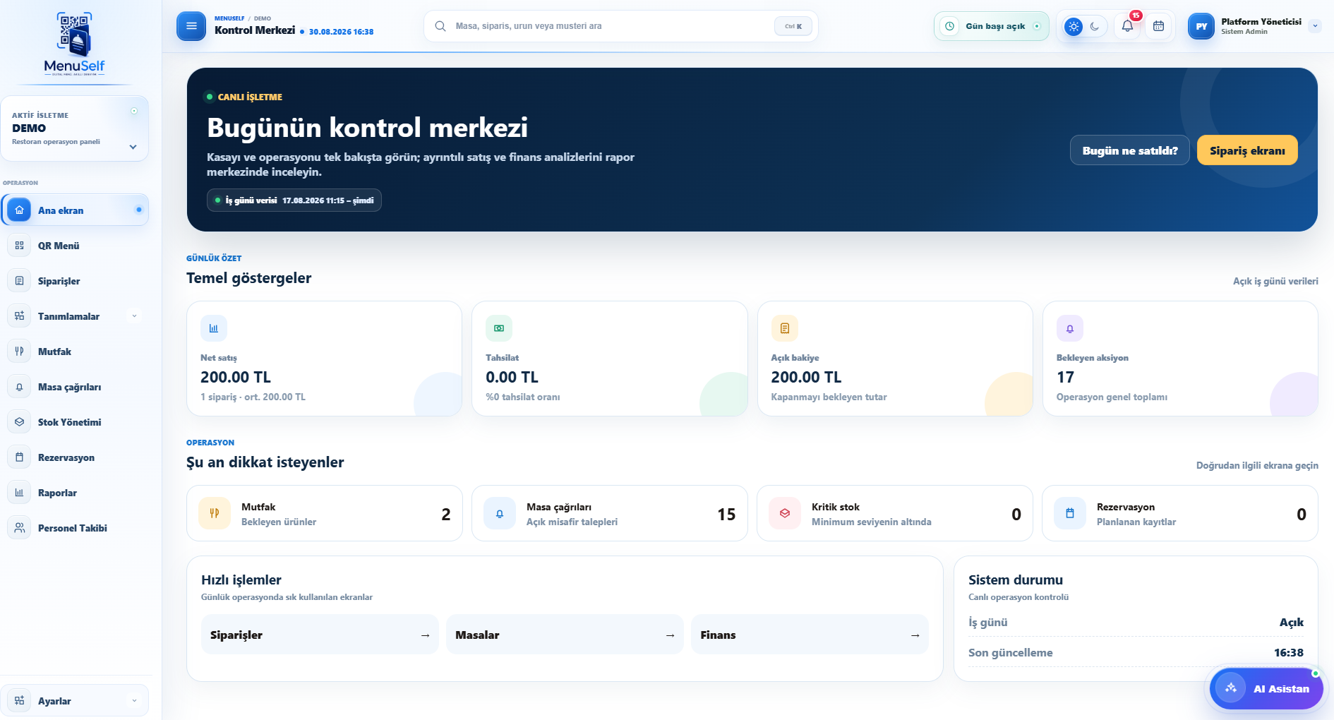 Kafe POS Kontrol Merkezi ve Dashboard Ekranı