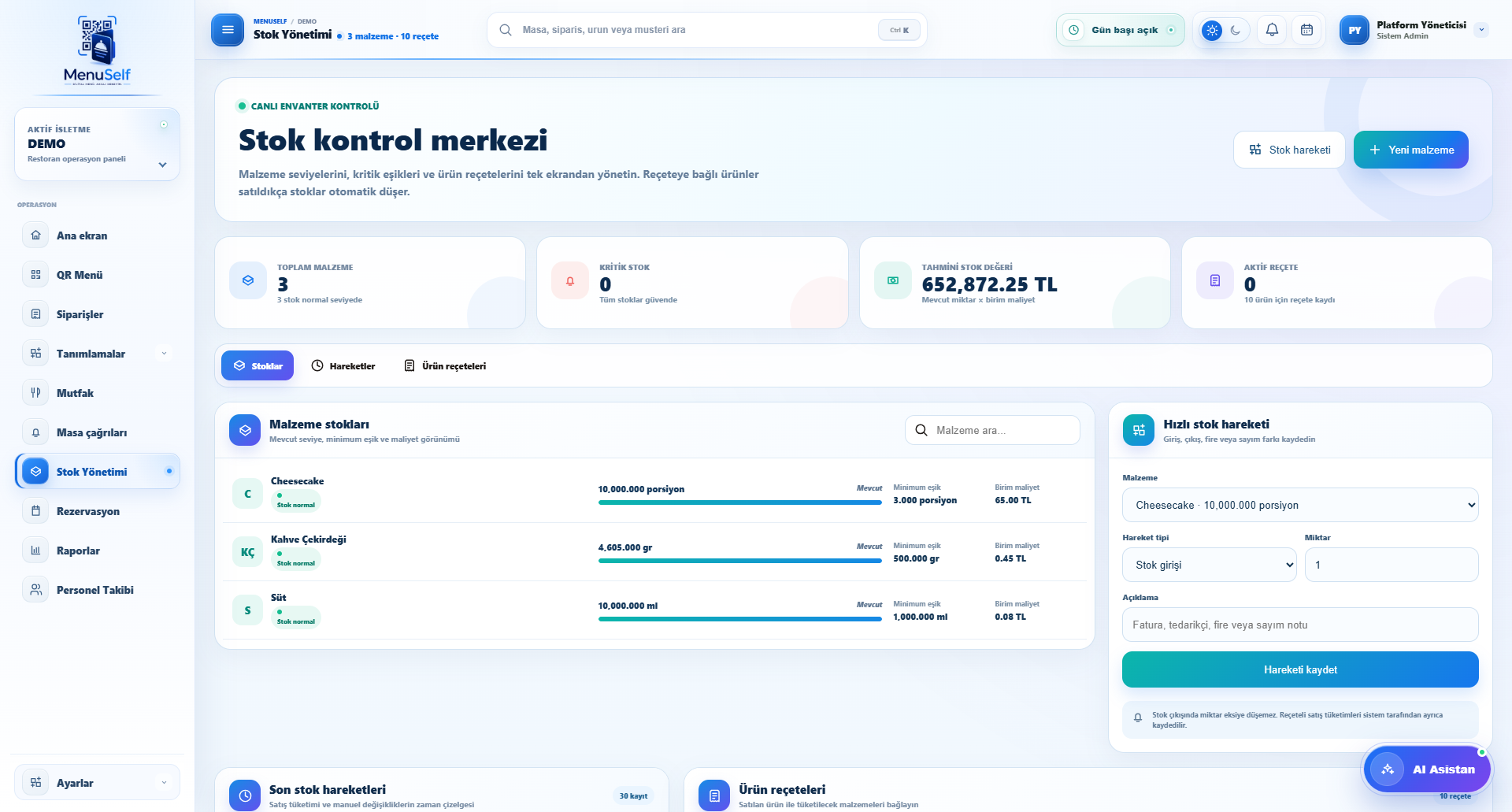 Stok Kontrol ve Reçeteli Hammadde Takip Sistemi